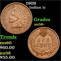 1909 Indian Cent 1c Grades Choice AU/BU Slider+