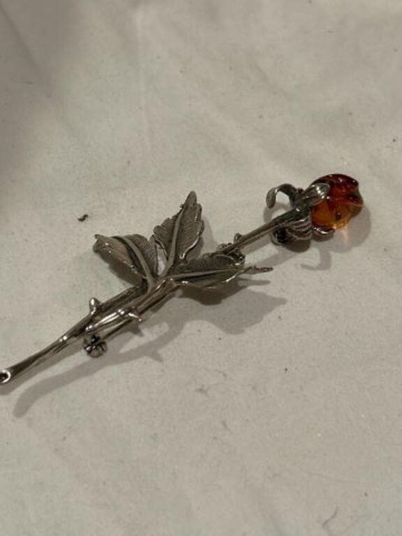 STERLING SILVER AMBER ROSE PEDAL BROOCH 4 INCHES