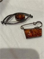 STERLING SILVER AND AMBER STONE BROOCHES 3 INCHES