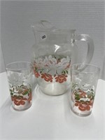 Wildrose decorated pitcher with 2 matching glasses