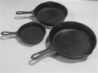 3 Cast Iron Skillets One Marked Wagner Largest 10"