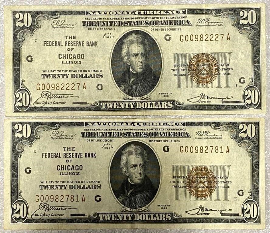 Two 1929 Brown Seal $20 Bank Notes