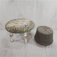 Vintage needlepoint footstool & yarn/hat pin decor