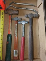 4 Ball Peen Hammers & 2 Small Pry Bars