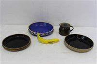Vtg. Quartet: Stoneware Low Bowls, Pottery Pitcher