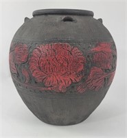 Red Floral and Black Wheel Thrown Pot
