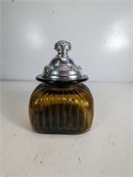 (1) Vintage Amber Storage Glass w/ Silver Lid