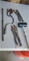 Lot of miscellaneous tools mallet pipe wrenches