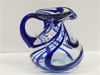 Cobalt Blue Striped Art Glass Pitcher