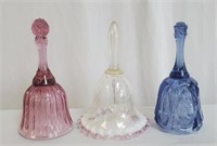 3 Glass Bells inc. Fenton Clear w/Violet Crest