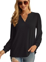 O749  JWD Women's Casual V-neck Fluffy Shirt, Bk