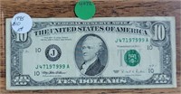 1995 GREEN SEAL $10 FEDERAL RESERVE NOTE