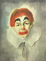 Mid Century Signed Oil on Canvas Painting - Clown