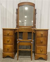 (J) 6 drawer vanity with mirror and chair.