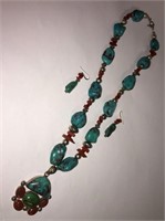 Sterling, Turquoise & Coral Necklace & Earrings