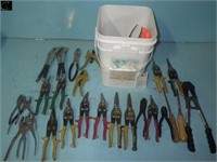 Pail of assorted tin snips & bolt cutter