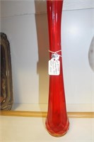 LARGE RED GLASS VASE APPX 16"