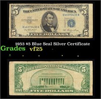 1953 $5 Blue Seal Silver Certificate Grades vf+