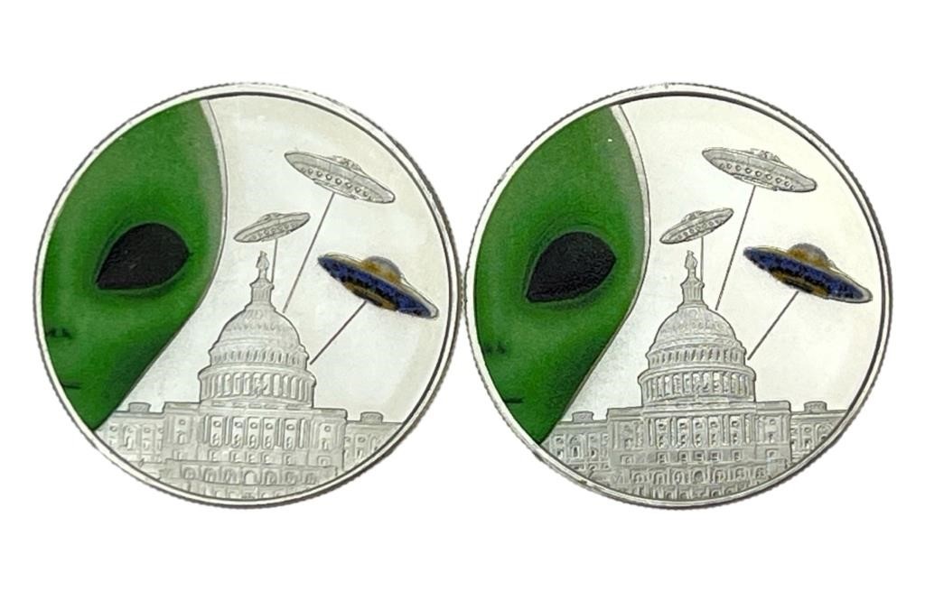 2- 2023 Highland Mint 1oz Alien- UFO Silver Rounds