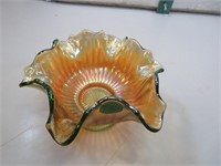 Vintage Green Carnival Glass Rays Bowl 5&12" x