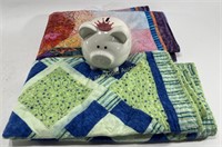 (2) Colorful Pattern Quilts & Princess Piggy Bank