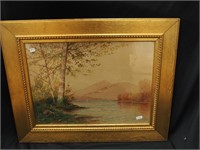 A watercolor on paper of lake scene signed