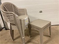 7 poly resin chairs  2 tables. Look unused