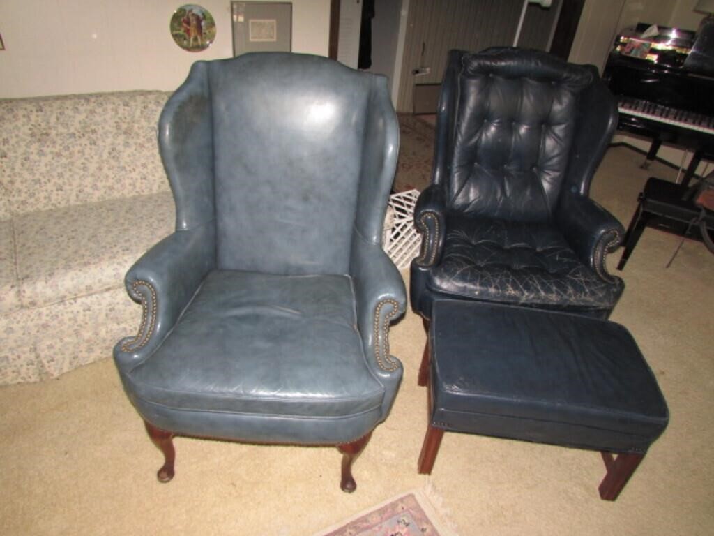 2 leather wingback chairs & ottoman