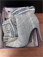 vivianly Women Denim Knee High Boots Pointy Toe