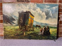 Frontier Family & Conestoga Wagon Oil Painting