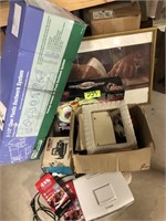 PRINTER, FRAME, BOX OF MISC DISHES, VCR