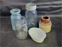 VTG Mason Jars, Milk Glass Dish & More
