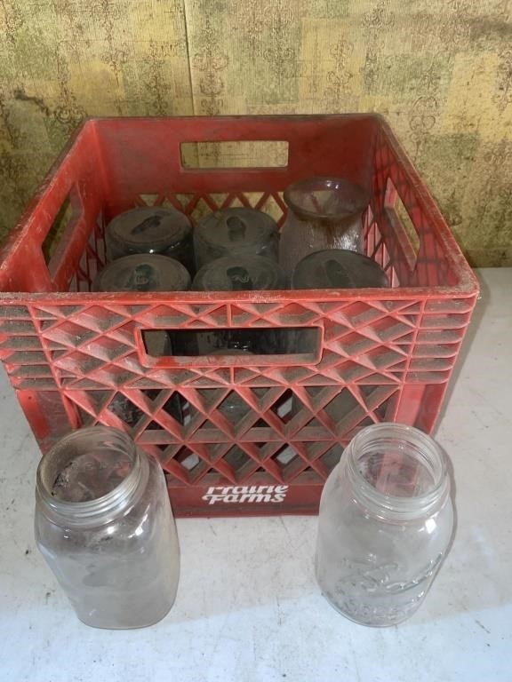 Prairie farms milk crate, ball jars & canning