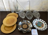 703 - BUD VASES, COLLECTOR PLATES, GLASS CANDY