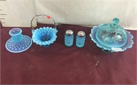 Vintage Blue Opalescent  And Hobnail Glassware