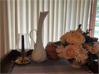 Vase, candleholder, flowers, and vase