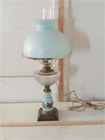 antique blue milk glass & clear oil lamp with