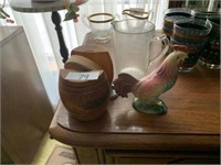 PORCELAIN ROOSTER, GLASS MEASURING CUP AND WOOD