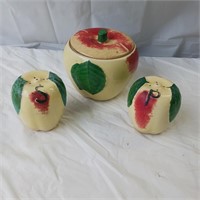 Apple shaped salt, pepper shakers, sugar bowl