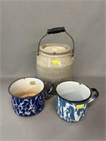 (2) Agateware Mugs with Stoneware Canister