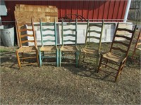 (5) Antique Early American Oak Ladder Back Chairs