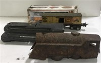 Various vintage metal toy train cars