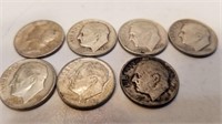 7 Each 90% Silver Dimes dated 1946-1960