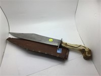 BOWIE KNIFE WITH BONE HANDLE & LEATHER SHEATH