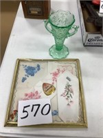 Vintage Hankies and green depression vase