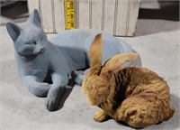 2 garden statues - cat and bunny - resin
