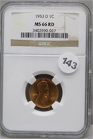 1953-D NGC MS66RD Wheat Cent.