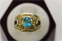 14K BLUE TOPAZ, RUBY AND PERIDOT HERITAGE RING