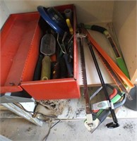 TOOL BOX WITH GARDENING TOOLS & SAWS