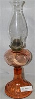 PINK GLASS OIL LAMP BASE W/CLEAR GLASS CHIMNEY
